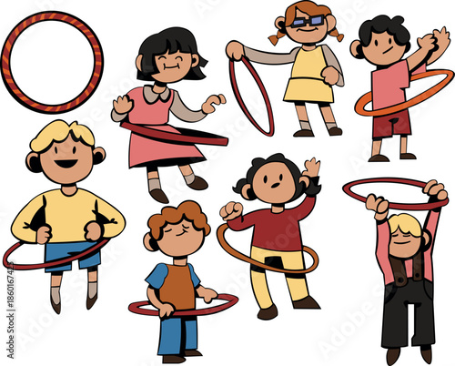 Happy Kids Playing With Hula Hoop Cartoon Children Activity Vector Illustration Set