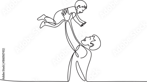 Happy dad playing with his young child in continuous line art drawing style. Father holding his son up in the air. Minimalist black linear sketch.one line vector illustration with out background