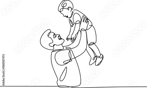 Happy dad playing with his young child in continuous line art drawing style. Father holding his son up in the air. Minimalist black linear sketch.one line vector illustration with out background