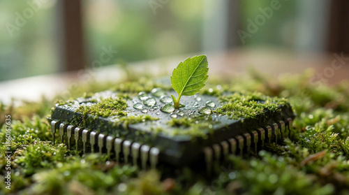 Microchip surrounded by green moss and water droplets, symbolizing nature and technology