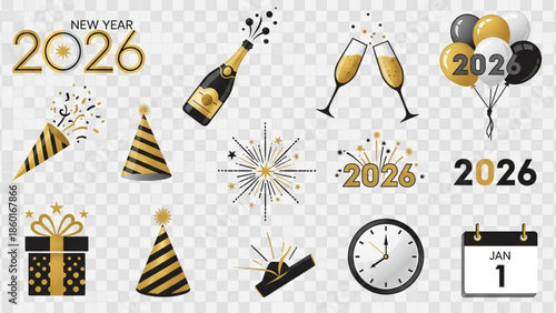 New Year 2026 Celebration Party Elements Set, Isolated on Transparent Background