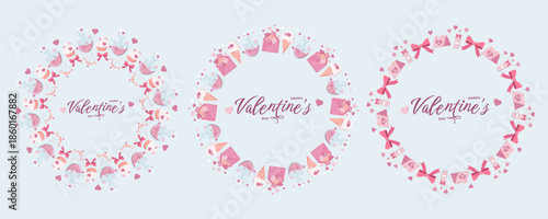 Set of three circular Valentine s Day wreaths with cupcakes, potions, bows, envelopes, and hearts. Happy Valentine s Day text in center. Perfect for romantic cards and festive designs