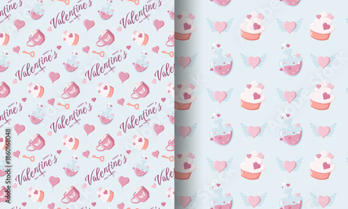 Set of two seamless Valentine s Day patterns one with mugs, balloons, keys, and Happy Valentine s Day text the other with cupcakes, potions, and winged hearts. Perfect for festive designs