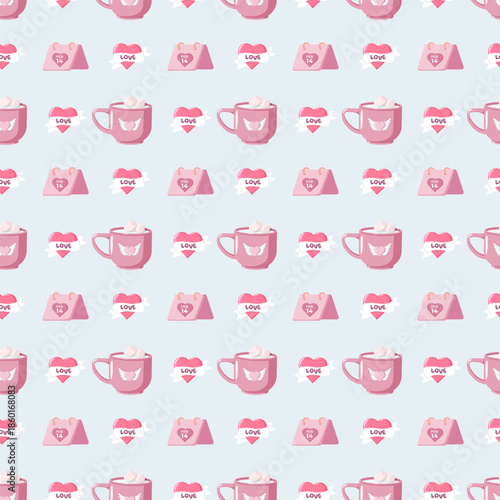 Set of two seamless Valentine s Day patterns one with mugs, balloons, keys, and Happy Valentine s Day text the other with cupcakes, potions, and winged hearts. Ideal for festive wrapping paper and