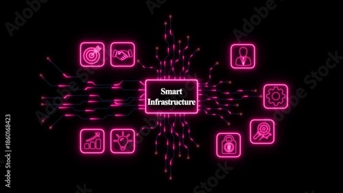 Neon Smart Infrastructure Concept with Icons on Black Background– Futuristic Digital Technology and Network Concept