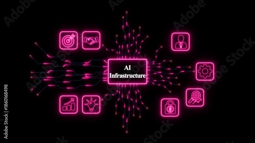 Neon AI Infrastructure Concept with Icons on Black Background– Futuristic Digital Technology and Network Concept