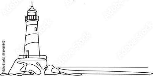 Minimalist one line drawing of a lighthouse by the sea, vector illustration, editable stroke.one line vector illustration with out background