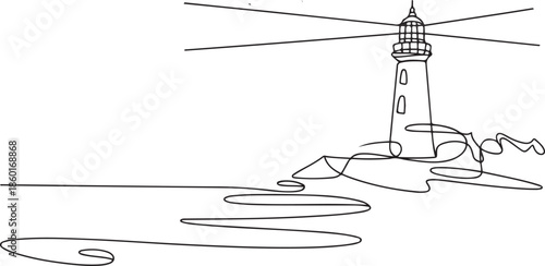 Minimalist one line drawing of a lighthouse by the sea, vector illustration, editable stroke.one line vector illustration with out background