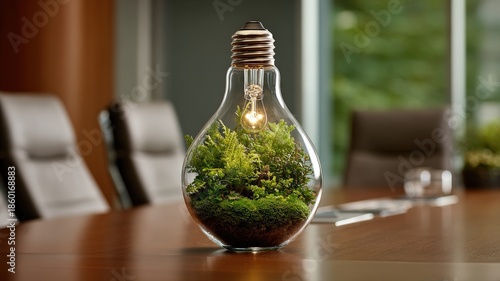 A lightbulb filled with a tiny, perfect ecosystem of plants, sitting on a corporate boardroom table.