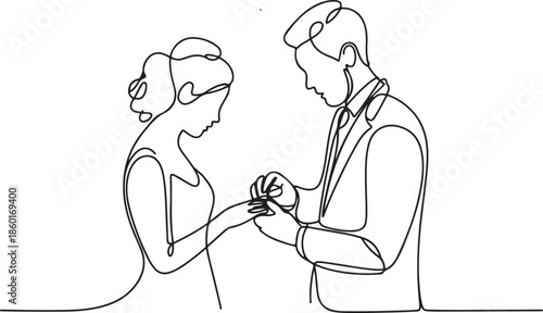 Continuous one line drawing groom putting ring on bride's finger during wedding ceremony. Bride and groom make vow of loyalty on their wedding day.one line vector illustration with out background.