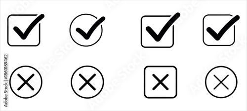 Checkmarks and cross marks in squares and circles for approval and rejection vector.