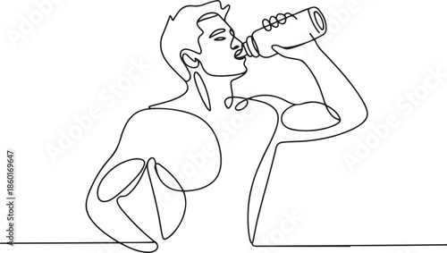 Single continuous line drawing young man drinking fresh water from a bottle with his right hand after exercising. Healthy lifestyles concept.one line vector illustration with out background.
