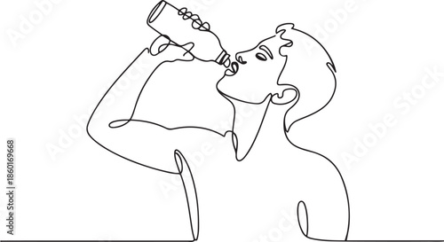 Single continuous line drawing young man drinking fresh water from a bottle with his right hand after exercising. Healthy lifestyles concept.one line vector illustration with out background.