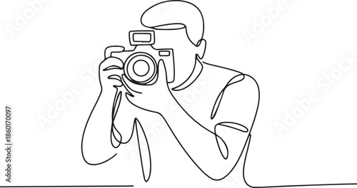 Continuous one line drawing photographer or paparazzi taking photo with modern digital cameras from all angles.one line vector illustration with out background.