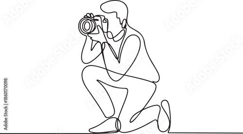 Continuous one line drawing photographer or paparazzi taking photo with modern digital cameras from all angles.one line vector illustration with out background.