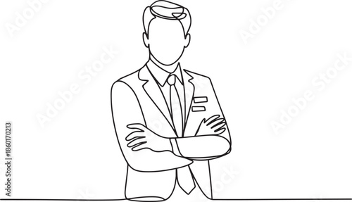 Continuous one line drawing of young handsome male flight attendant posing cross arm on chest.one line vector illustration with out background.