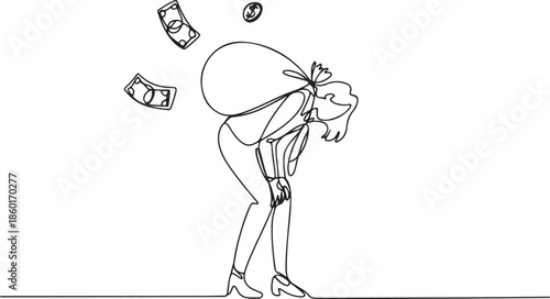 Continuous one line drawing frustrated businesswoman carrying money bag on her back. Finance crisis money fall down.one line vector illustration with out background.