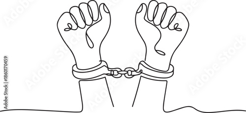 Single continuous line drawing hands free from shackles. Fight against injustice. Restore the dignity of victims. Put up resistance.one line vector illustration with out background.