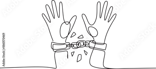 Single continuous line drawing hands free from shackles. Fight against injustice. Restore the dignity of victims. Put up resistance.one line vector illustration with out background.