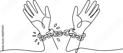 Single continuous line drawing hands free from shackles. Fight against injustice. Restore the dignity of victims. Put up resistance.one line vector illustration with out background.