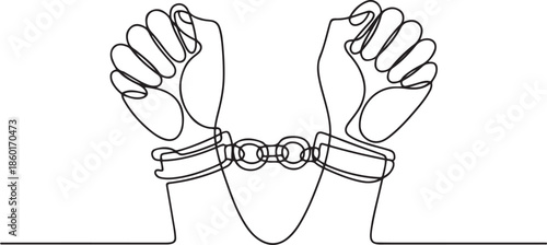 Single continuous line drawing hands free from shackles. Fight against injustice. Restore the dignity of victims. Put up resistance.one line vector illustration with out background.