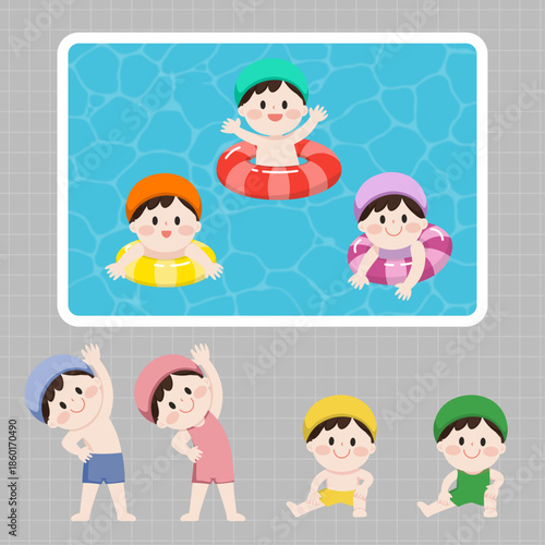 hildren Swimming in Pool – Cute Summer Vector Art, Pool, Float Tube, Summer Vacation, swimming class, warm up