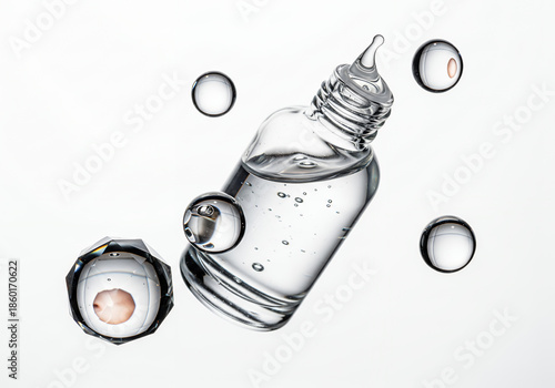 Transparent skincare serum bottle with dropper surrounded by crystal elements and water splash. Concept of hydration, purity, luxury beauty, anti-aging skincare, dermatology and cosmetic science on cl