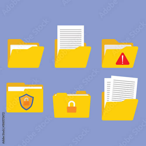 Folders icon collection. Documents in folders. File folder