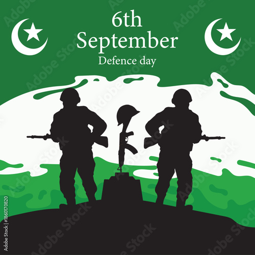 Celebration Defense Day, 6th September illustration of Pakistan defense day Silhouette of a Pakistan army special forces unit. Soldiers with rifles in tactical formation on the flag of Pakistan 