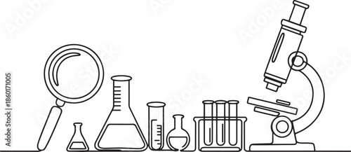 School supplies set. Back to school. Magnifying glass, microscope, laboratory glass equipment, test tubes.one line vector illustration with out background.