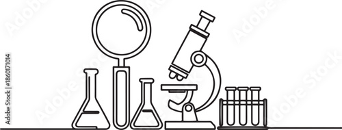 School supplies set. Back to school. Magnifying glass, microscope, laboratory glass equipment, test tubes.one line vector illustration with out background.