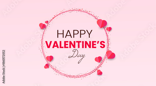 Festive Valentine’s Day composition with elegant handwritten typography and floating red and pink hearts on a white background.