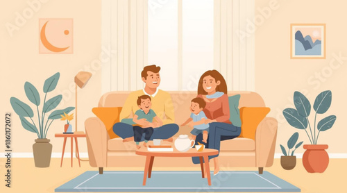Happy Family Relaxing at Home Flat Scene Illustration