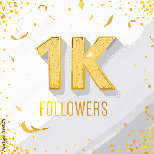 1k followers celebration design with Golden numbers, sparkling confetti and glitters. Realistic 3d festive illustration. Party event decoration. Vector illustration