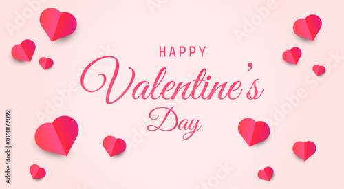 Festive Valentine’s Day composition with elegant handwritten typography and floating red and pink hearts on a white background.