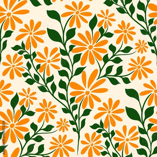 Seamless floral pattern with orange flowers and green leaves
