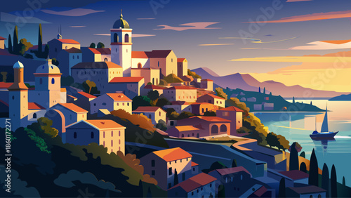 Very beautiful evening cityscape of Vrbnik town in Croatia, overlooking the Adriatic Sea with dramatic light, cliffs, and a tranquil Mediterranean summer mood.