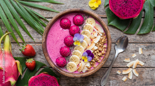 Delicious smoothie bowl with vibrant toppings, including bananas, granola, and dragon fruit