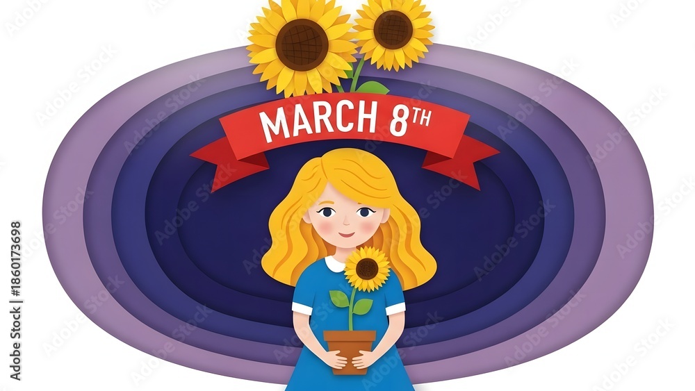 Naklejka premium Happy women's day celebration on march 8th with sunflowers and empowerment