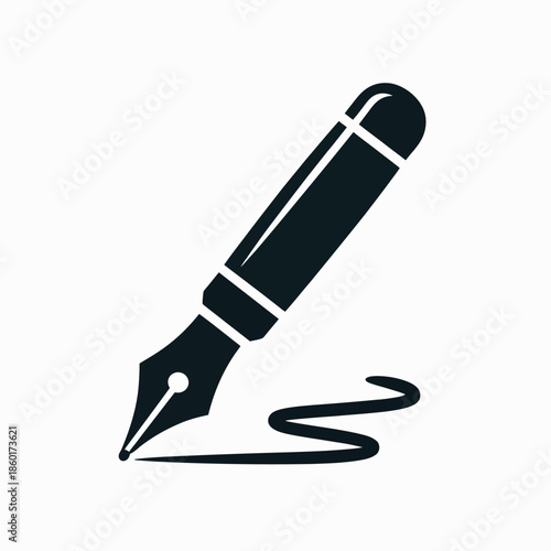 Simple black illustration of a fountain pen nib writing.