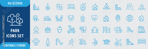 Park Line Icon Set. Outdoor Recreation, Dog Walking, Bench, Gardening, Forest, Camping, Picnic, Playground and Nature Icons. Editable Outline Stroke. Vector Illustration