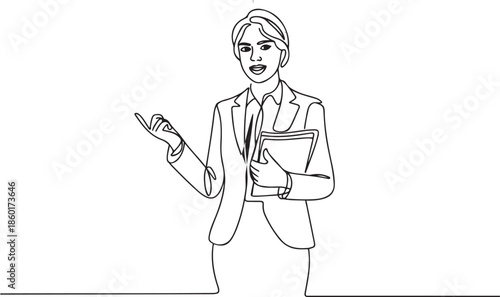 young beautiful business woman in suit giving statement speech.one line vector illustration with out background.