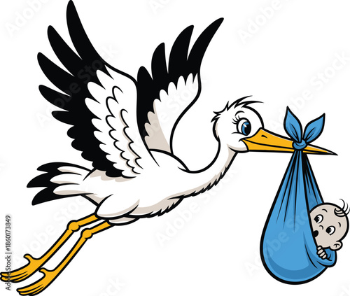 A cheerful cartoon stork flying and delivering a precious newborn baby in a blue bundle