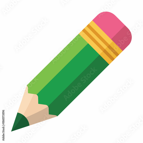 Colorful green pencil with pink eraser and yellow band.