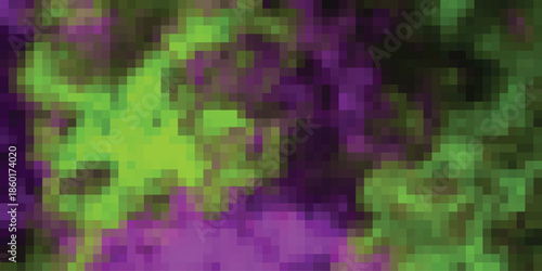 Pixelated abstract background with a blend of vibrant green and deep purple squares, creating a digital art mosaic effect
