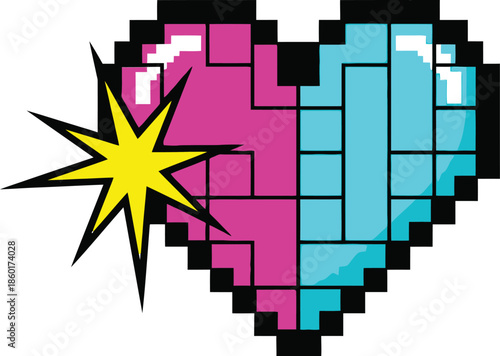 Retro pixelated heart icon in bright pink and blue with a dynamic starburst