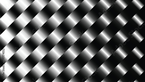 Abstract geometric pattern with alternating diagonal black and white stripes featuring a metallic gradient effect.
