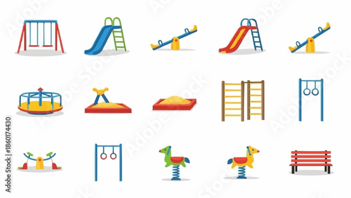 Collection of colorful playground equipment icons on white background.