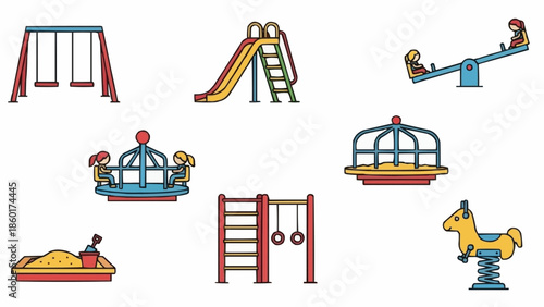 Collection of colorful playground equipment icons on white background.