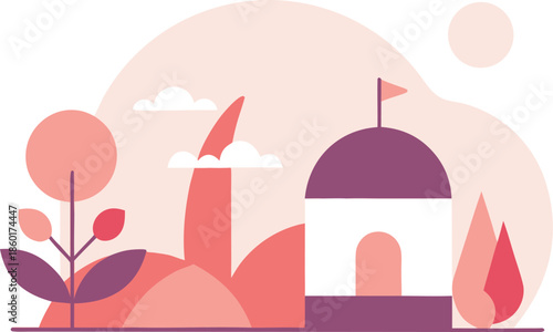 Illustrated desert landscape with tower isolated on transparent background, Vector, illustration